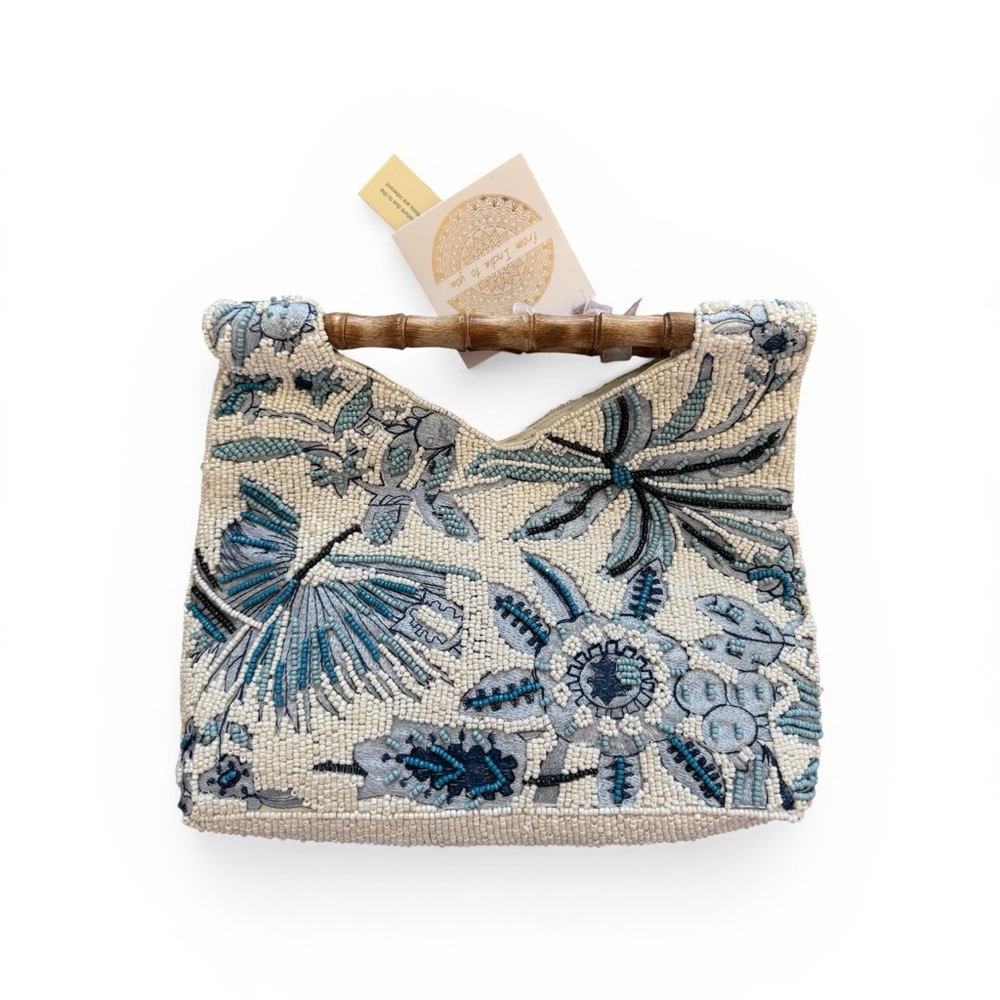 Beaded Floral Clutch with Bamboo Handle in Blue & Cream